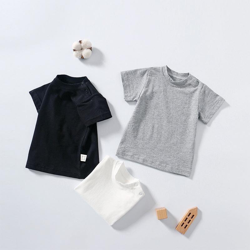 Baby Boys Girls Crew Neck Shoulder Button Short Sleeve T-shirt Cotton Solid Bottomed Shirt