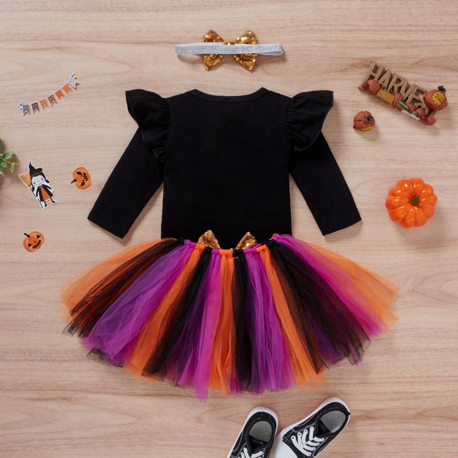 Baby Girls Halloween Black Smiley Face Pumpkin Jumpsuit Mesh Skirt Set