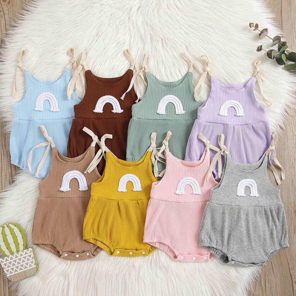 Baby Boys Girls Solid Color Knitted Rainbow Embroidery Suspender Bodysuit