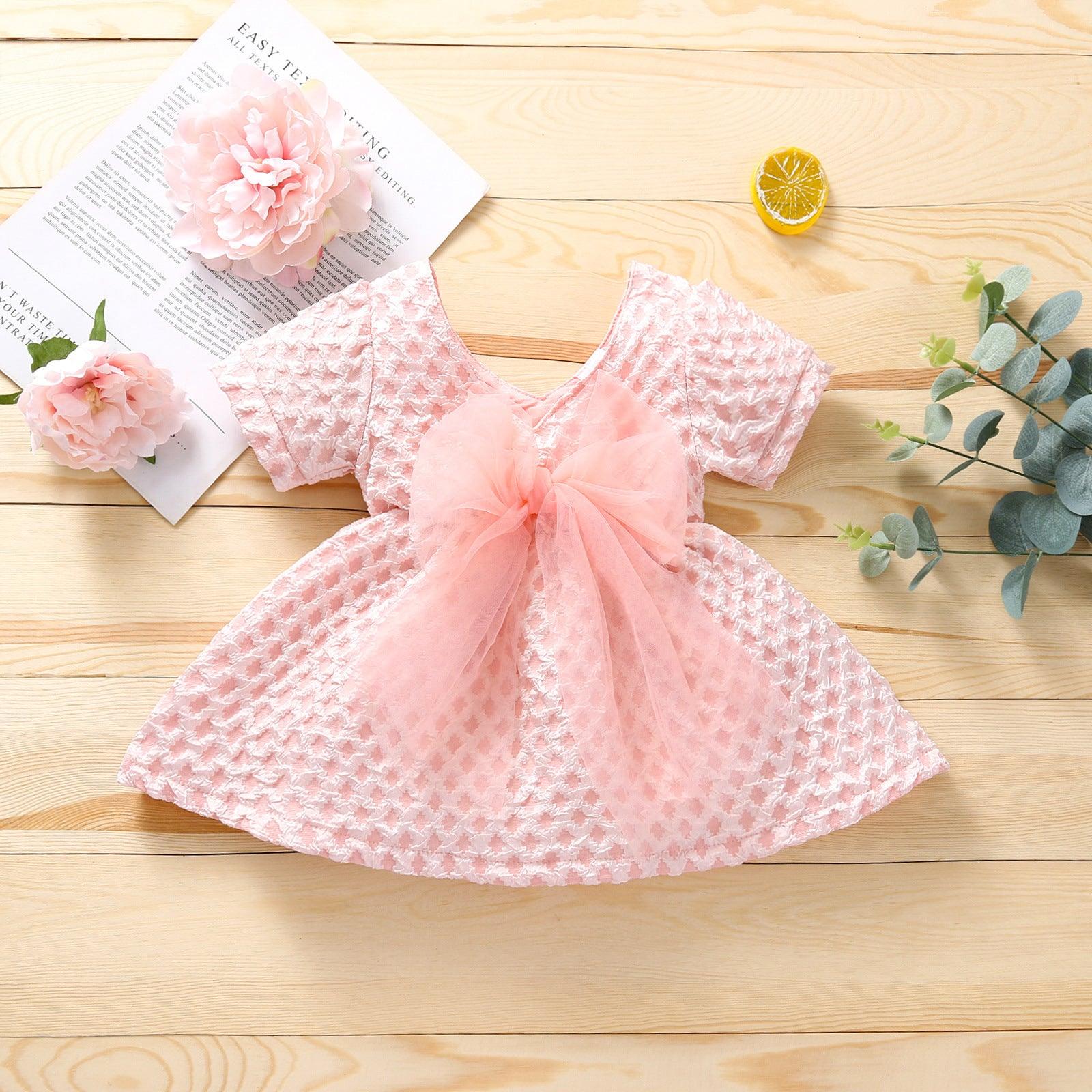 6months-4years Baby Girl Party Dresses V-Neck Solid Color Mesh Bow Short Sleeves Wholesale Baby Clothes In Bulk