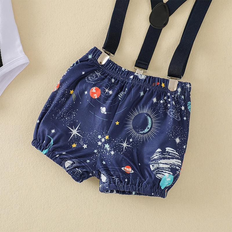 Baby Boys Solid Color Digital Planet Print Round Neck Bodysuit Suspender Pants Set