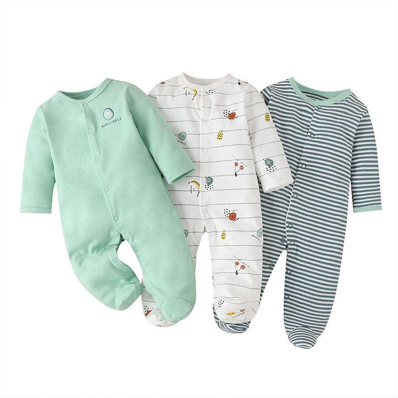 3PCS Baby Boys Girls Solid Color Cute Printed Cotton Wrap Long Sleeve Jumpsuit