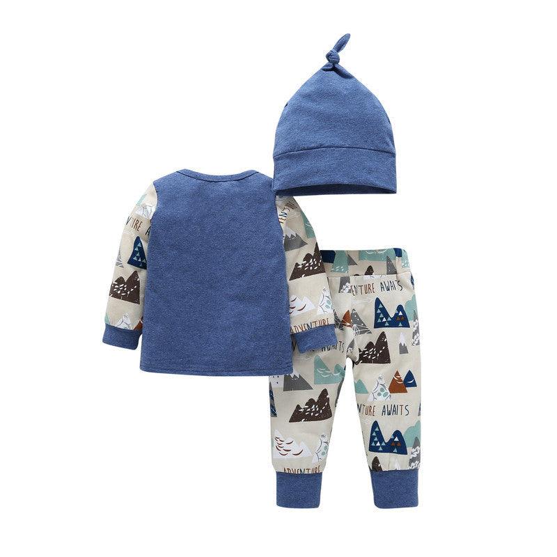 Baby Boys Girls Solid Color Long Sleeve Top Printed Trousers Hat Set Organic Kids Clothes Wholesale