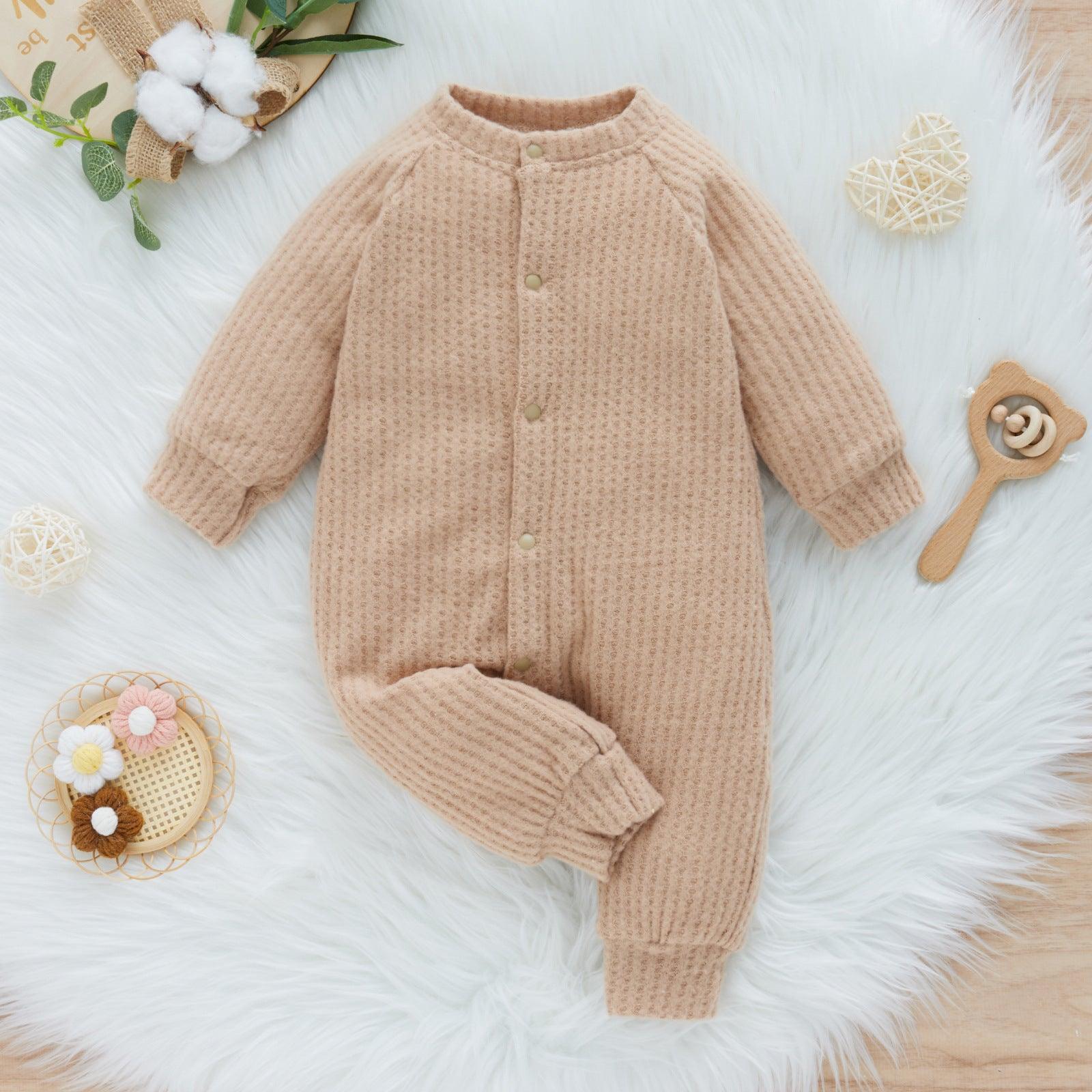 Baby Boys Girls Solid Color Waffle Fleece Warm Long-sleeved Jumpsuit