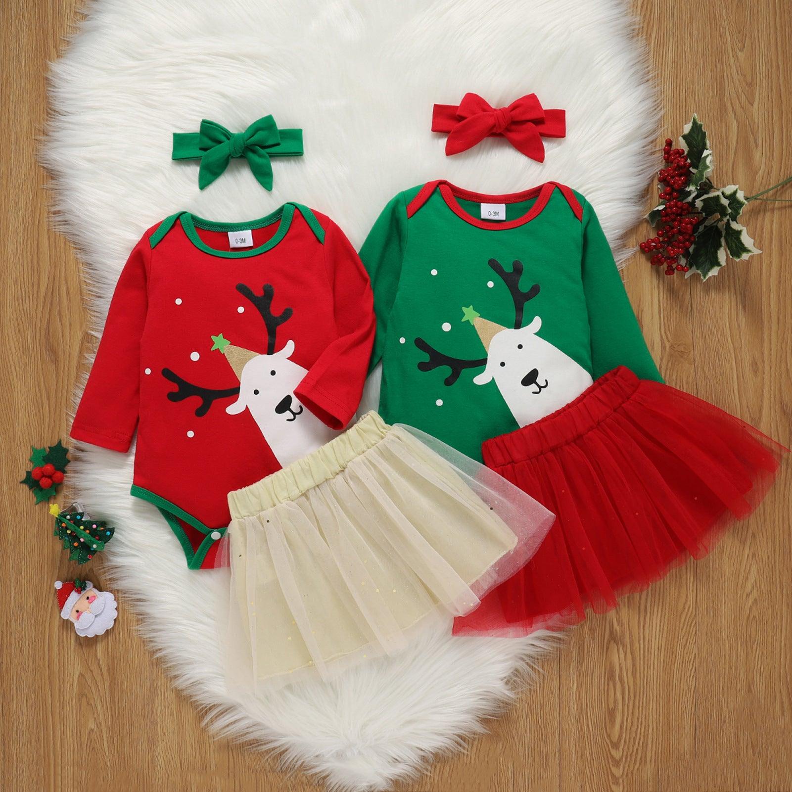 Baby Girls Christmas Deer Long Sleeved One-piece Dress Mesh Skirt Hair Band Suit