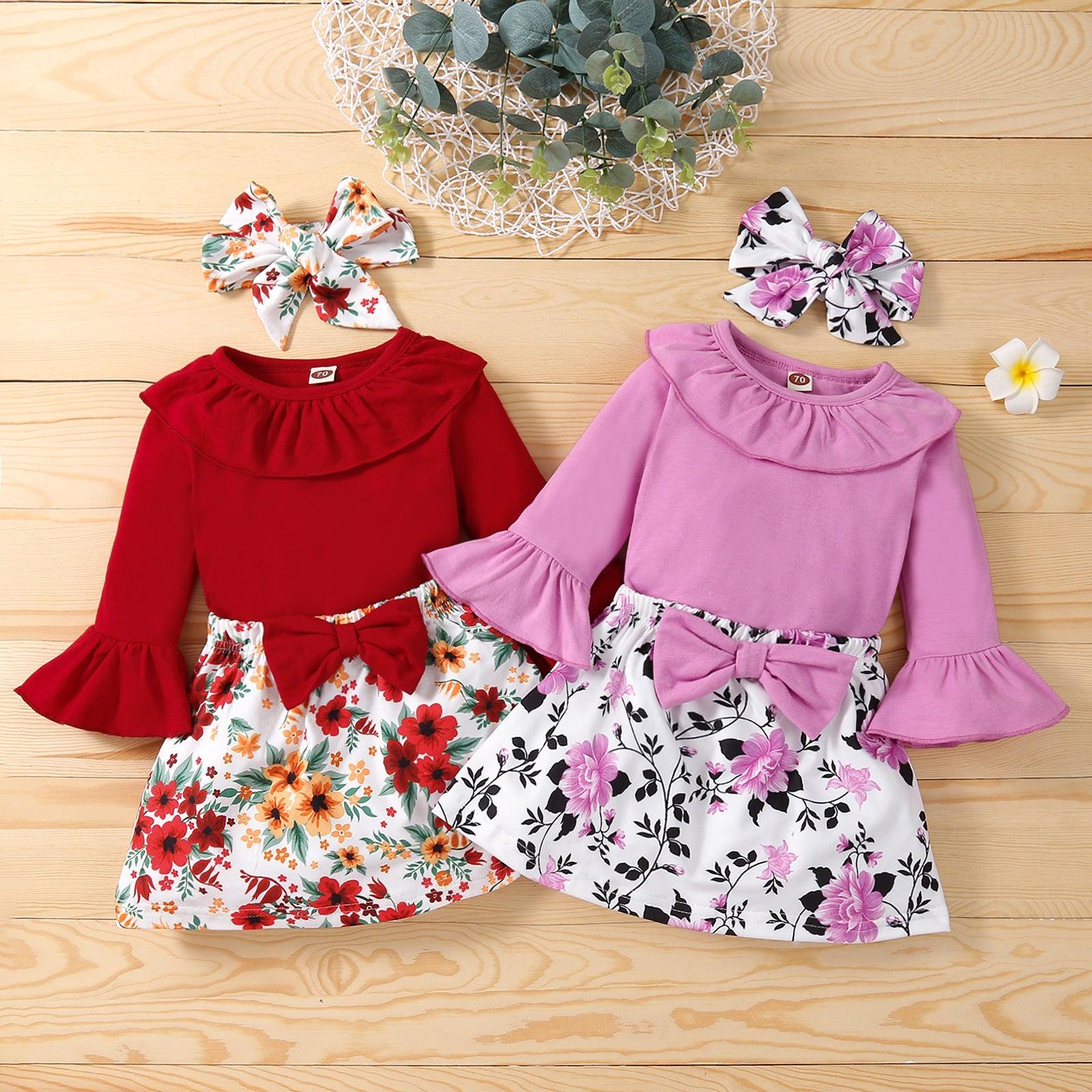 Baby Girl Solid Long Sleeve Flare Sleeve Top Flower Print Skirt Set