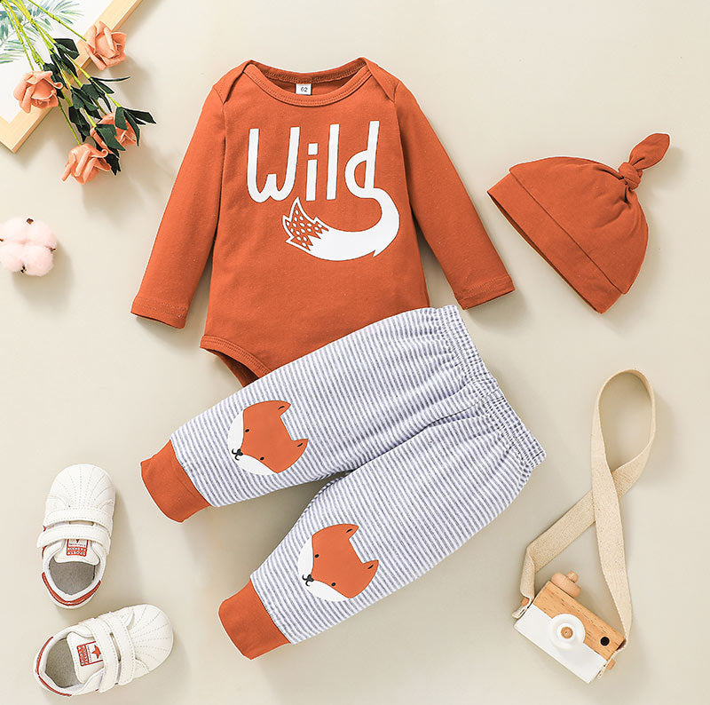 Baby Boys Girls Cute Fox Print Set Solid Color Letter Jumpsuit Striped Pants Two Pieces