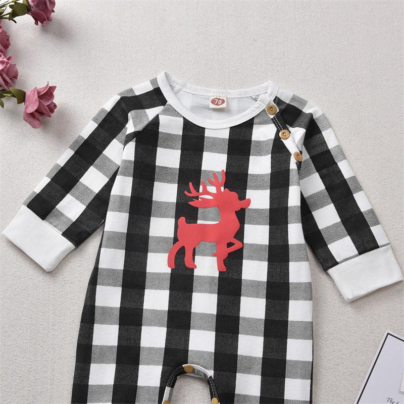 Baby Boys Girls Plaid Print Christmas Deer Long-sleeved Jumpsuit