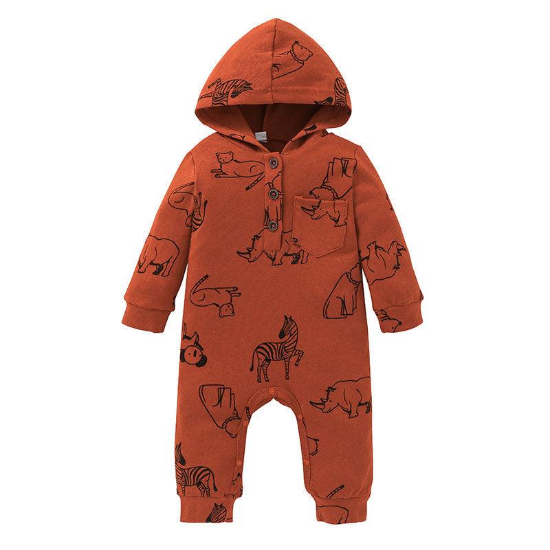 Baby Boys Girls Cartoon Animal Print Solid Color Hooded Long Sleeved Jumpsuit