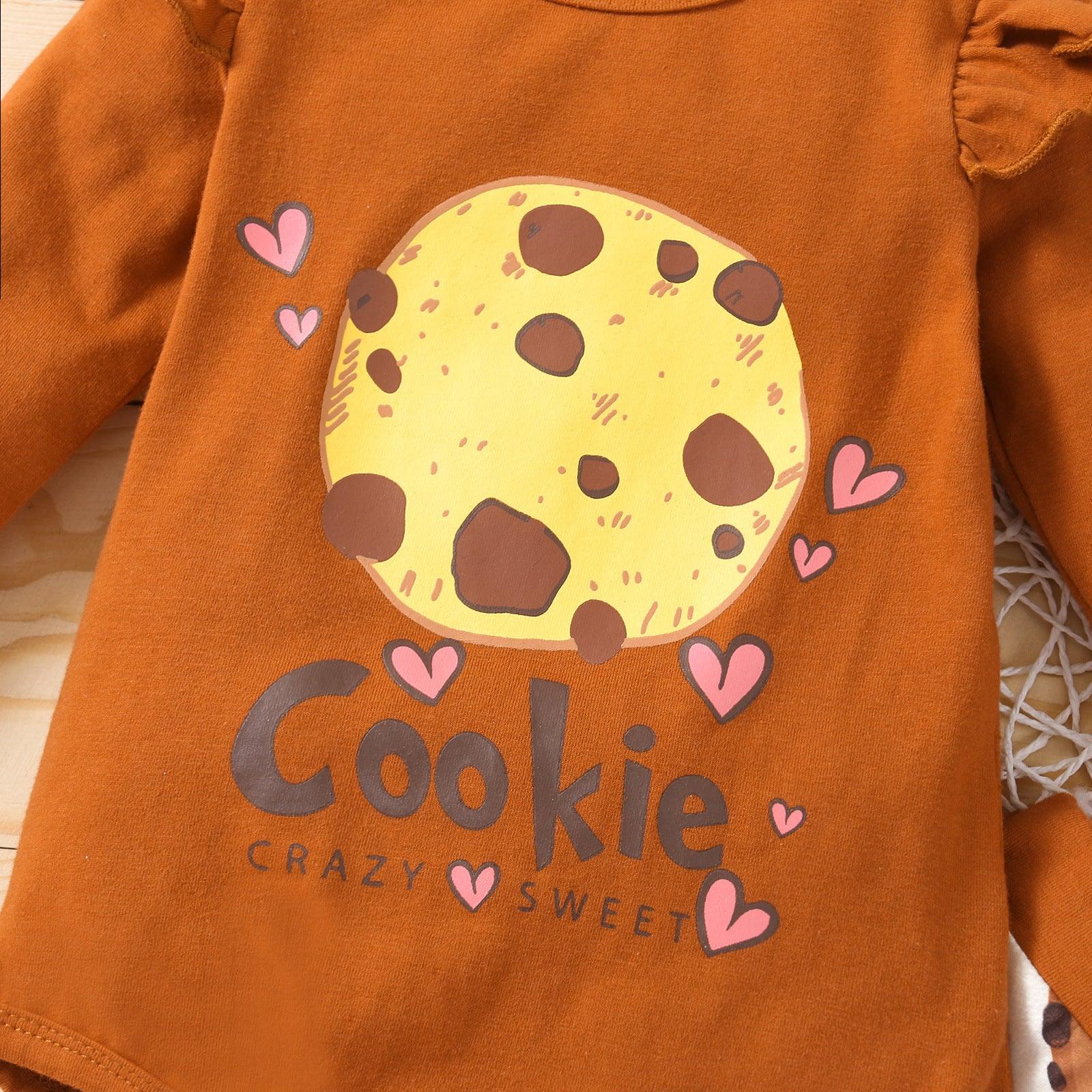 Baby Girl Solid Color Long Sleeve Cookie Print Jumpsuit Suit