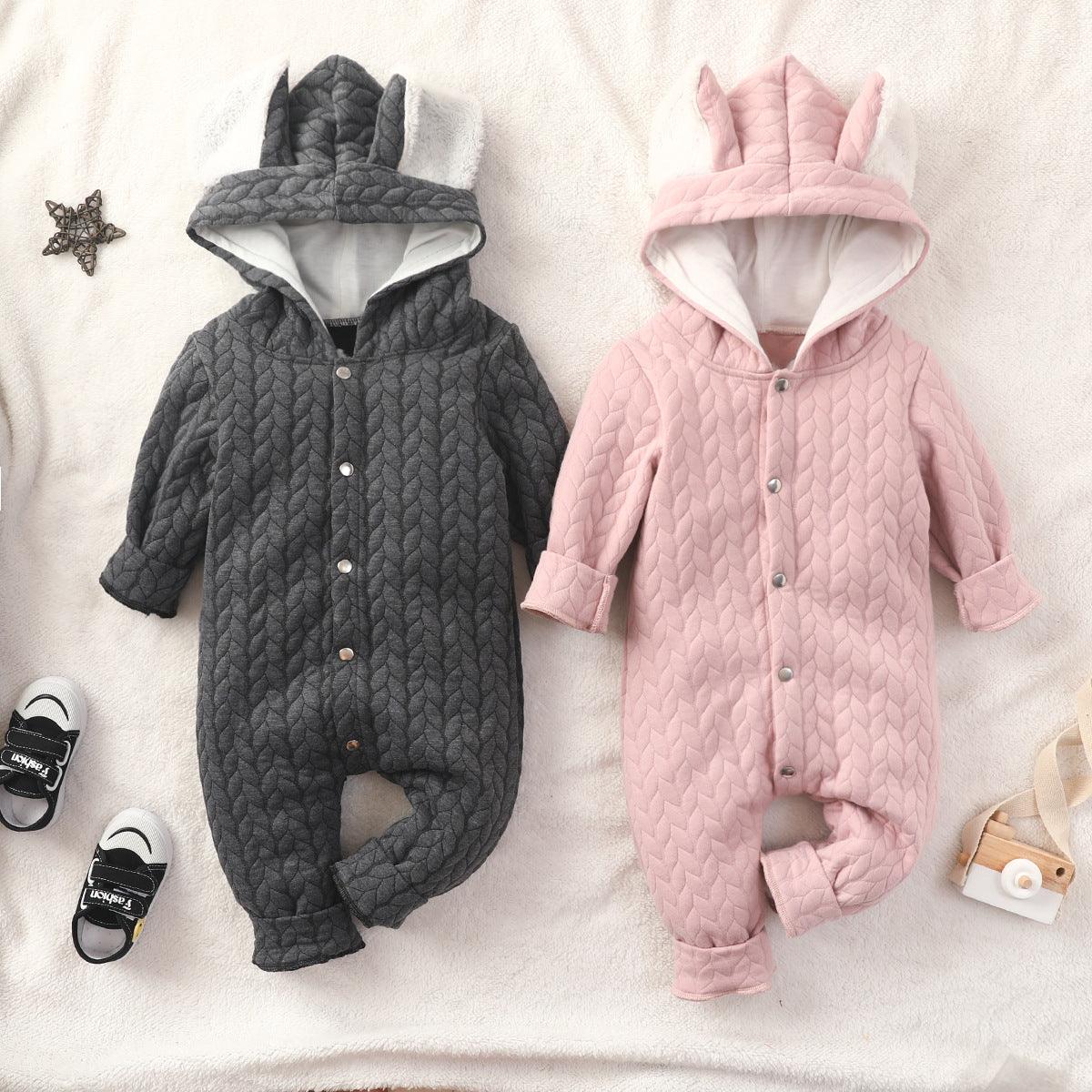 Baby Boys Girls Solid Color Lovely Ears Long Sleeve Hooded Jumpsuit