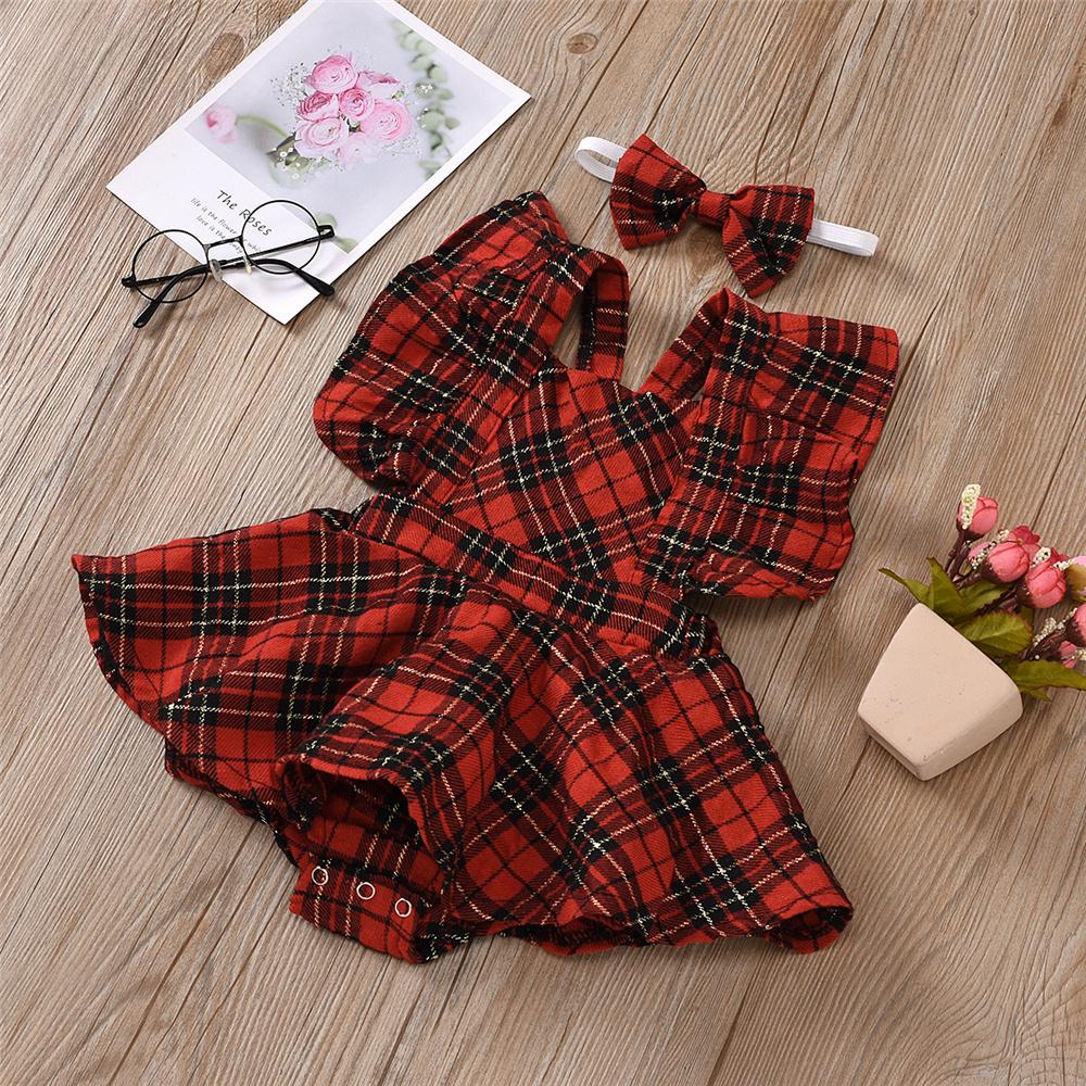 Baby Girl Onesie Plaid Sleeveless Romper & Headband Baby Clothes Cheap Wholesale