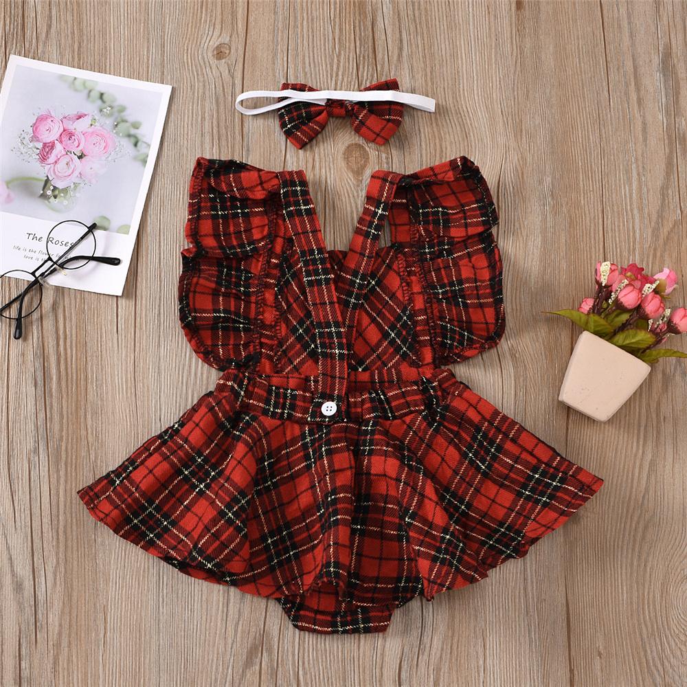 Baby Girl Onesie Plaid Sleeveless Romper & Headband Baby Clothes Cheap Wholesale