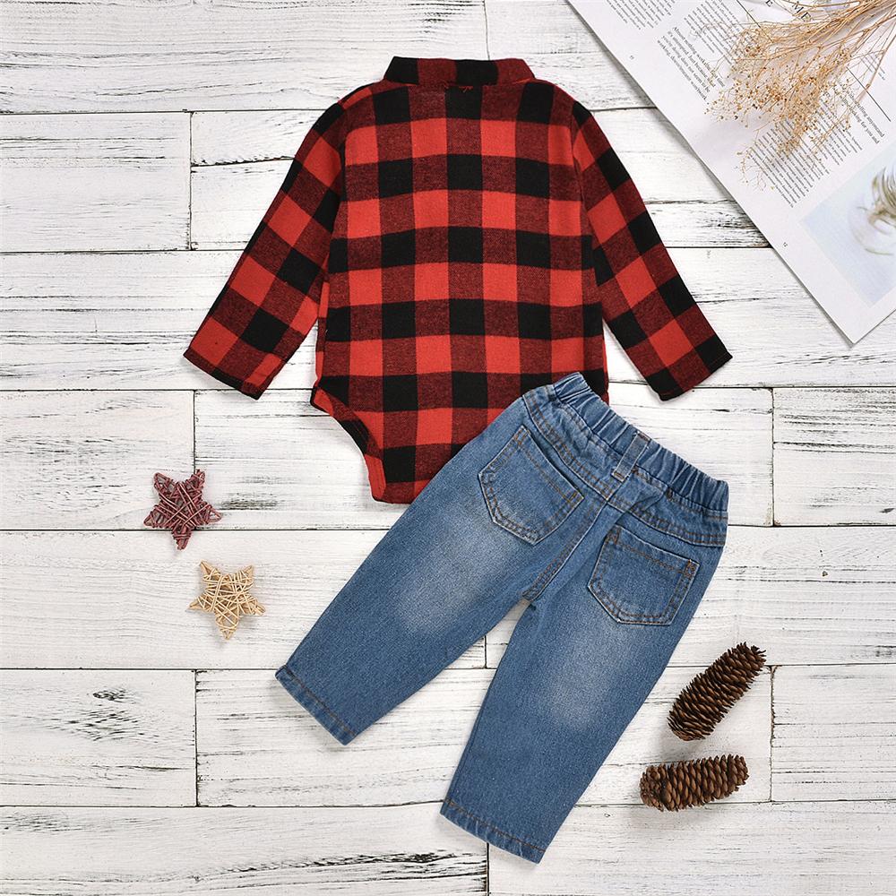 Baby Boys Plaid Long Sleeve Bow Romper & Patch Jeans Baby Outfits