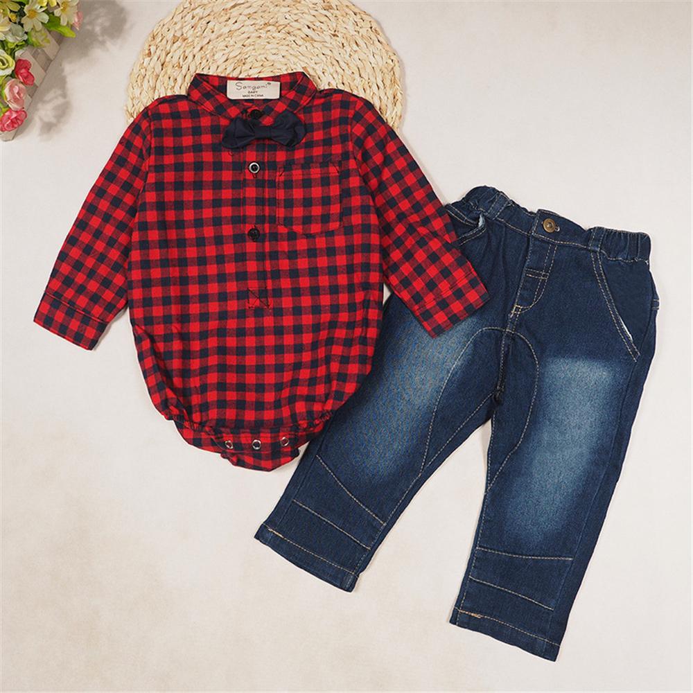 Baby Boys Plaid Long Sleeve Romper & Jeans Wholesale Baby Clothes