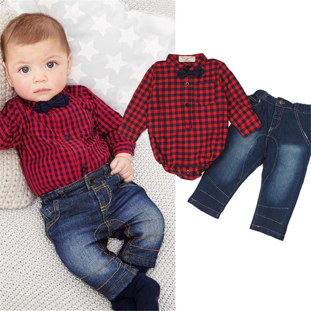 Baby Boys Plaid Long Sleeve Romper & Jeans Wholesale Baby Clothes