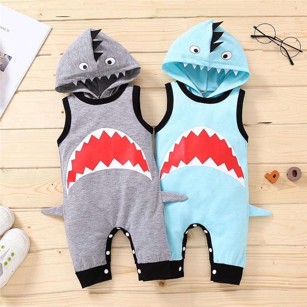 Baby Boys Sleeveless Hooded Shark Printed Romper Baby Clothing In Bulk