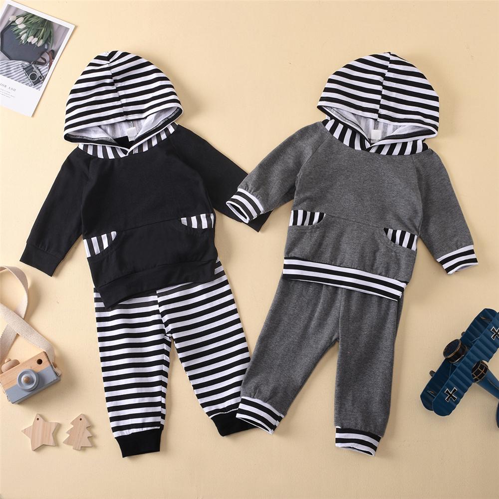 Baby Boys Striped Pocket Long Sleeve Hooded Top & Pants Baby Wholesale Clothing