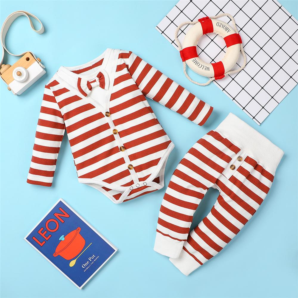 Baby Boys Striped Tie Long-Sleeve Romper & Bottoms Baby Clothes Warehouse