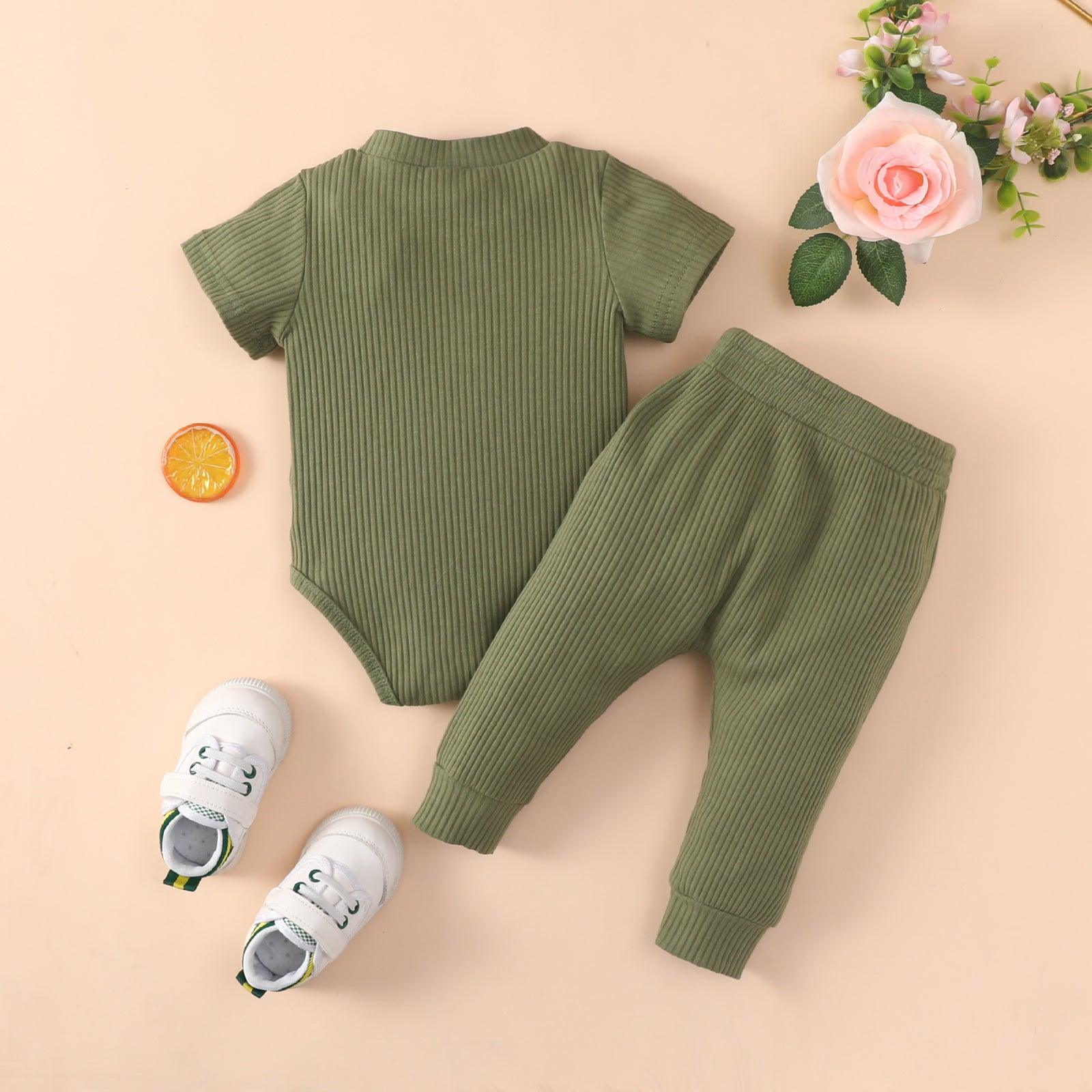 Baby Boy Short-Sleeve Solid Ribbed Bodysuit And Trousers Baby Outfit Sets