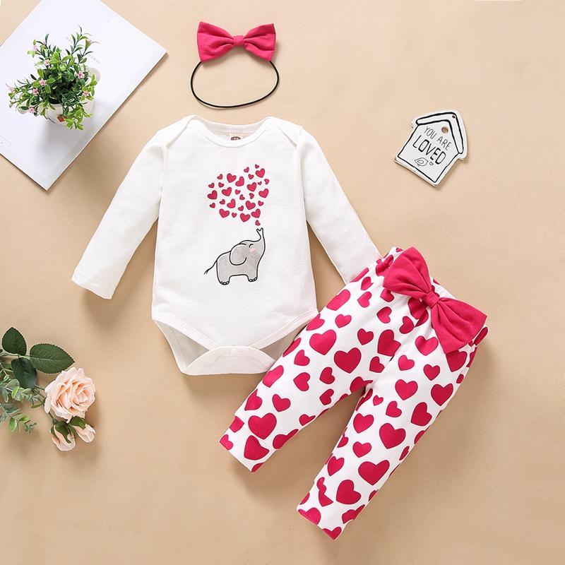 3-piece Headband & Heart-shaped Pattern Pants & Romper for Baby Girl