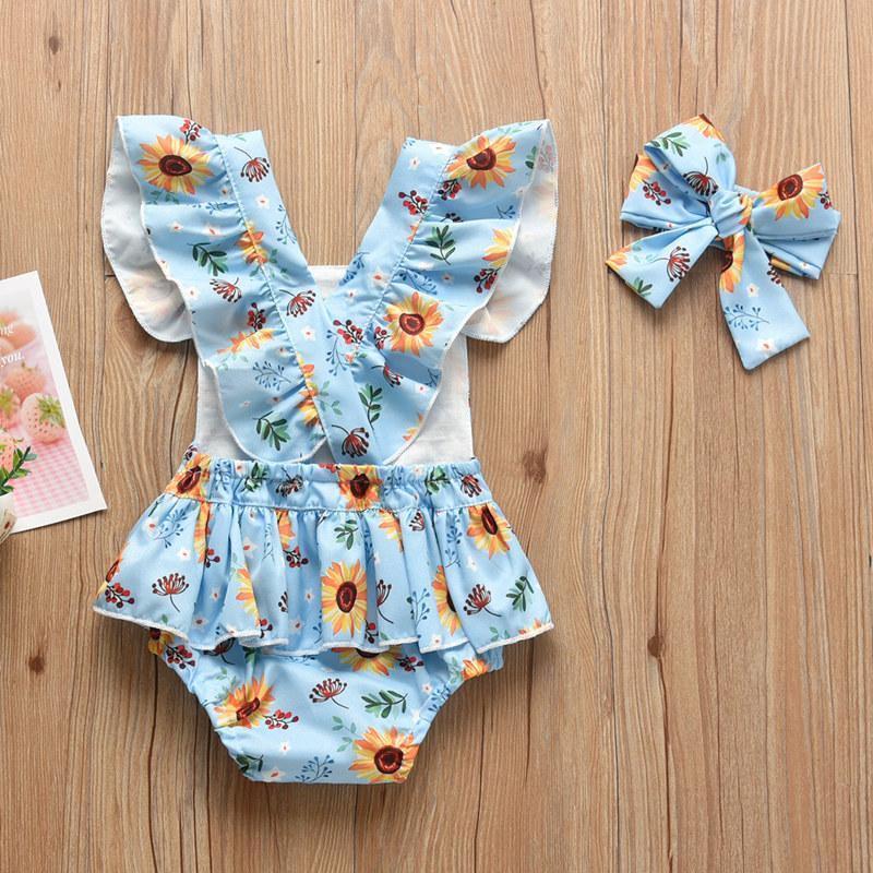 Baby Girl Floral Print Ruffle Armhole Bodysuit & Headband Children's Clothing