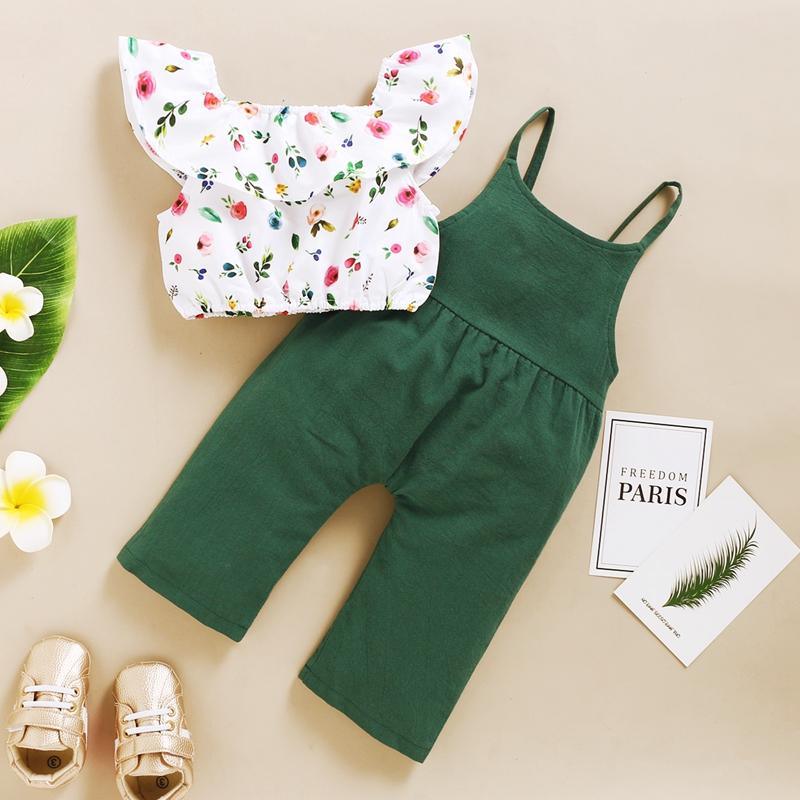 2-piece Floral Printed Blouse & Dungarees for Toddler Girl