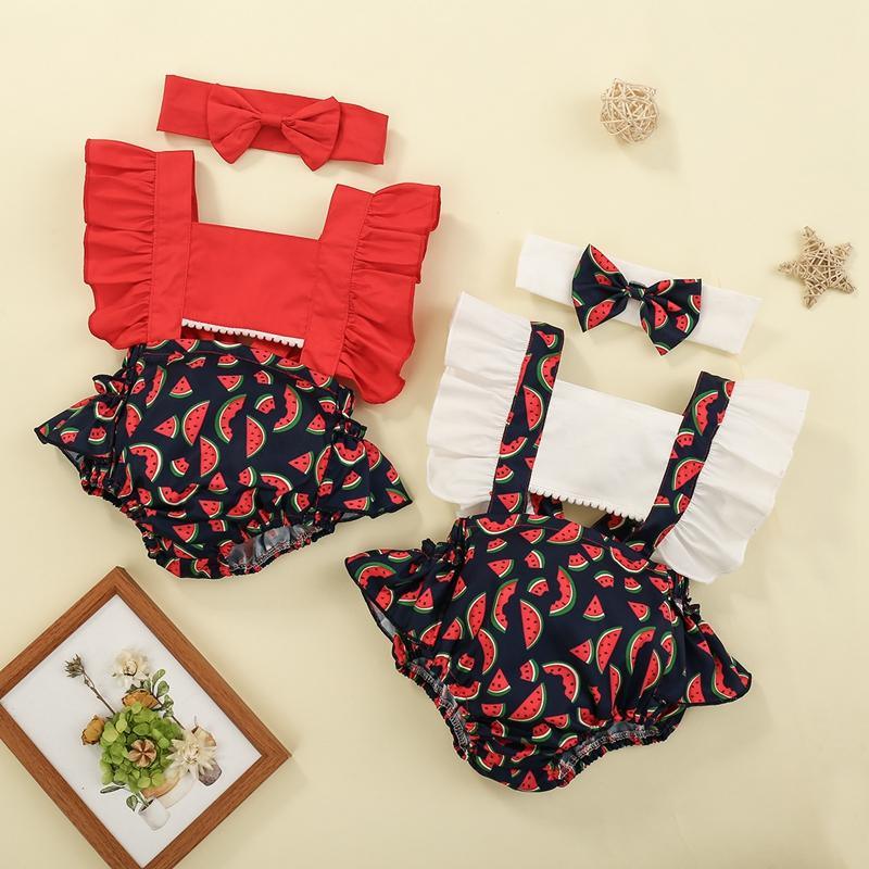 Baby Girl Watermelon Print Ruffle Trim Bodysuit & Headband