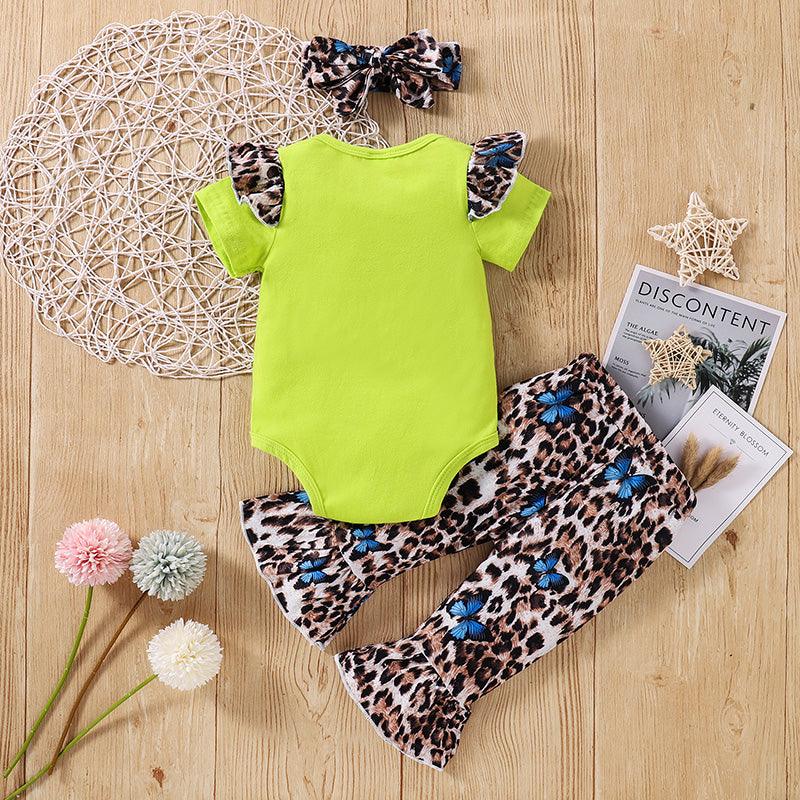 Baby Girl Letter Print Bodysuit And Leopard-Print Flared Pants With Headband Two Piece Baby Sets