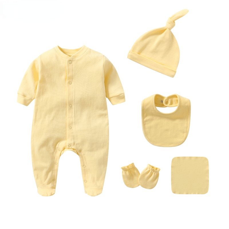 Baby Boys Girls Solid Color Long-sleeved Cotton Jumpsuit Hat Bib Gloves Square Scarf Five Piece Set