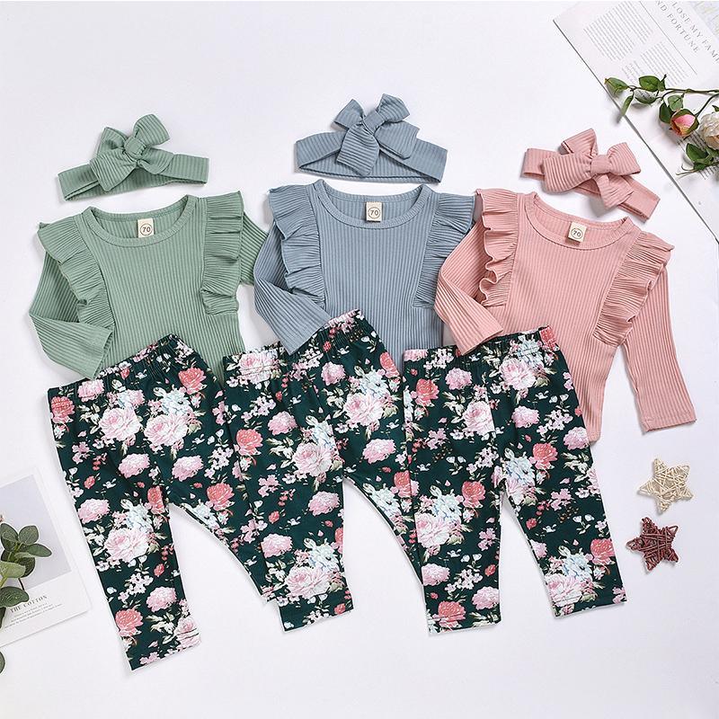 3-piece Solid Ruffle Bodysuit & Floral Printed Pants & Headband for Baby Girl Wholesale children's clothing