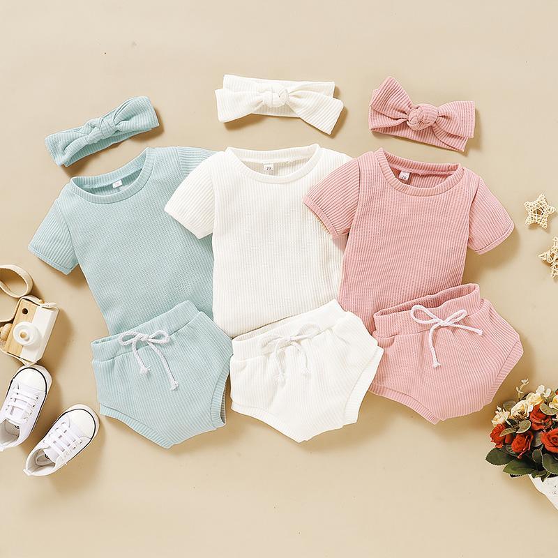 3-piece Solid T-shirt & Bloomers & Headband for Baby Girl Clothing Wholesale