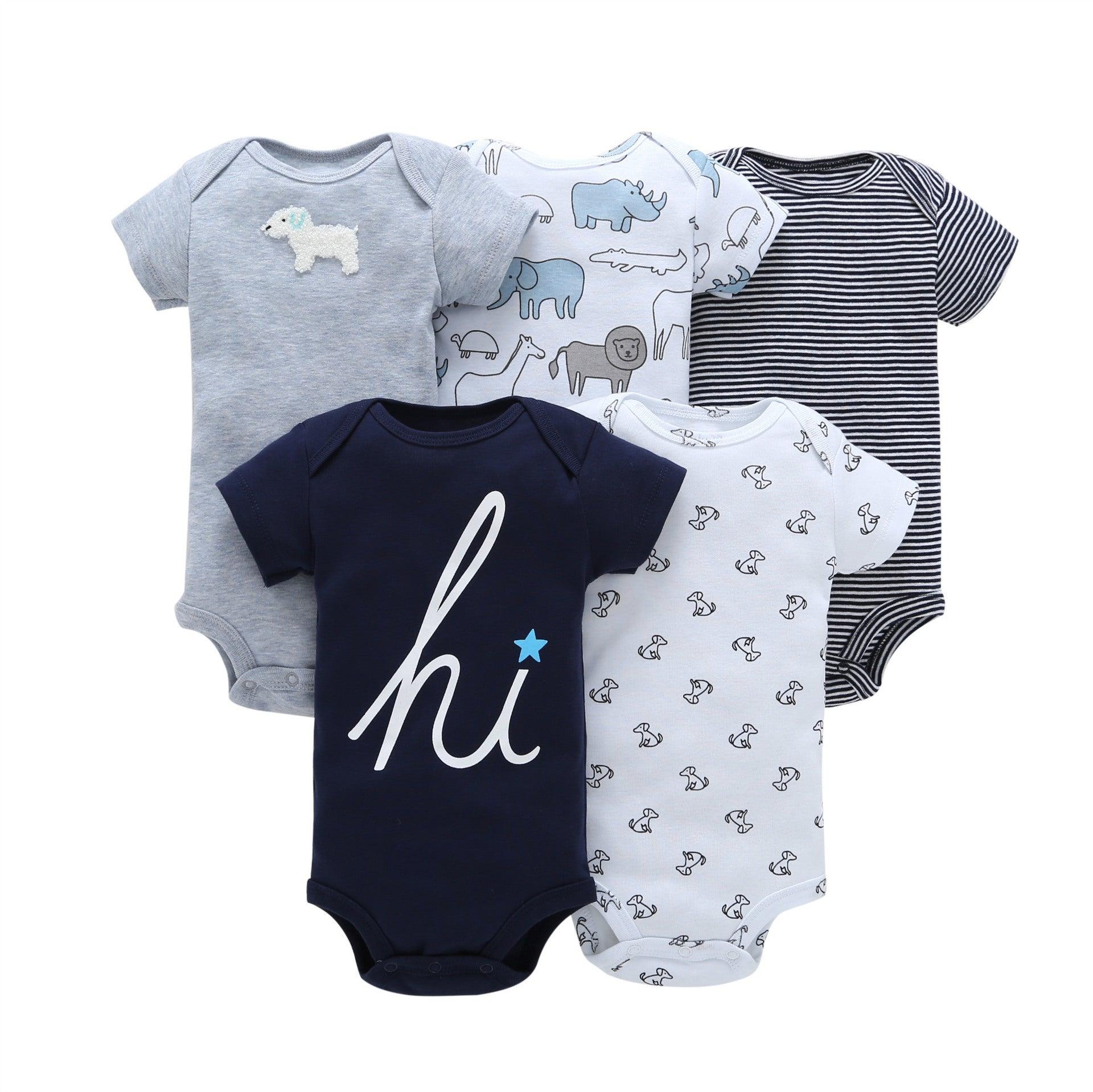 5PCs Set Jumpsuit Baby Boys Girls Short Sleeve Mixed Color Printing Triangle Jumpsuit Creeper 3