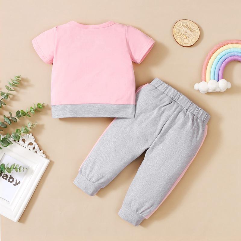 Baby Girl Color-blocking Letter Top & Color-blocking Pants