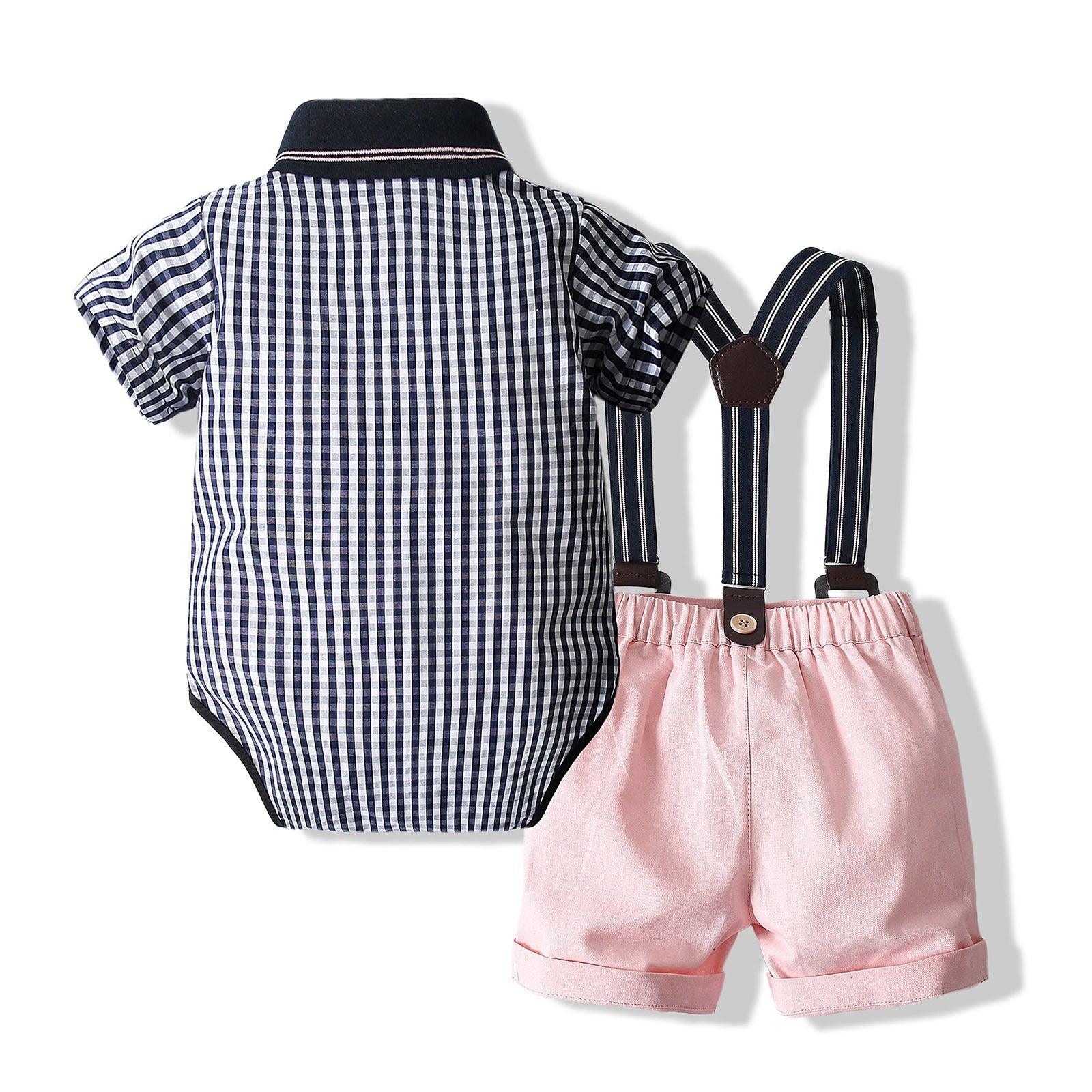 Baby Boy Suit Set Plaid Bowtie Shirts & Suspender Shorts Wholesale Baby Clothes