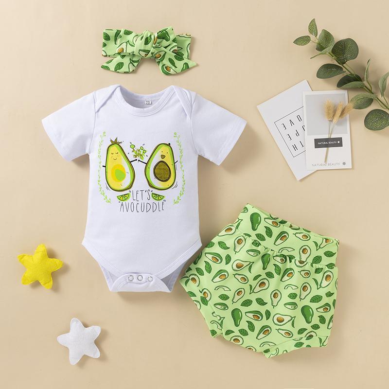 Baby Cartoon Avocado Pattern Letter Print Bodysuit & Shorts & Headband