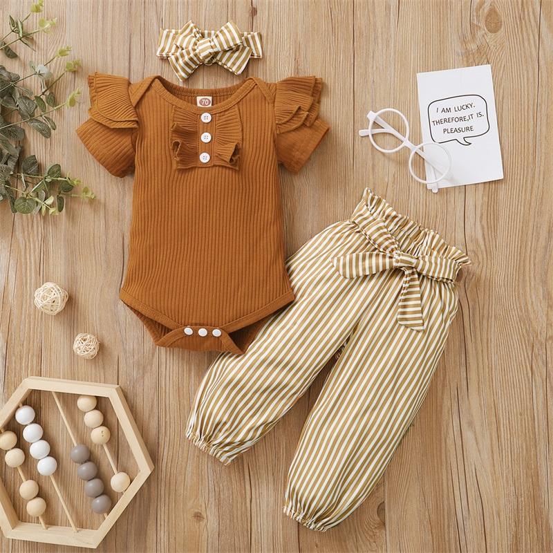 Baby Girl Ruffle Trim Ribbed Bodysuit & Striped Pants & Headband