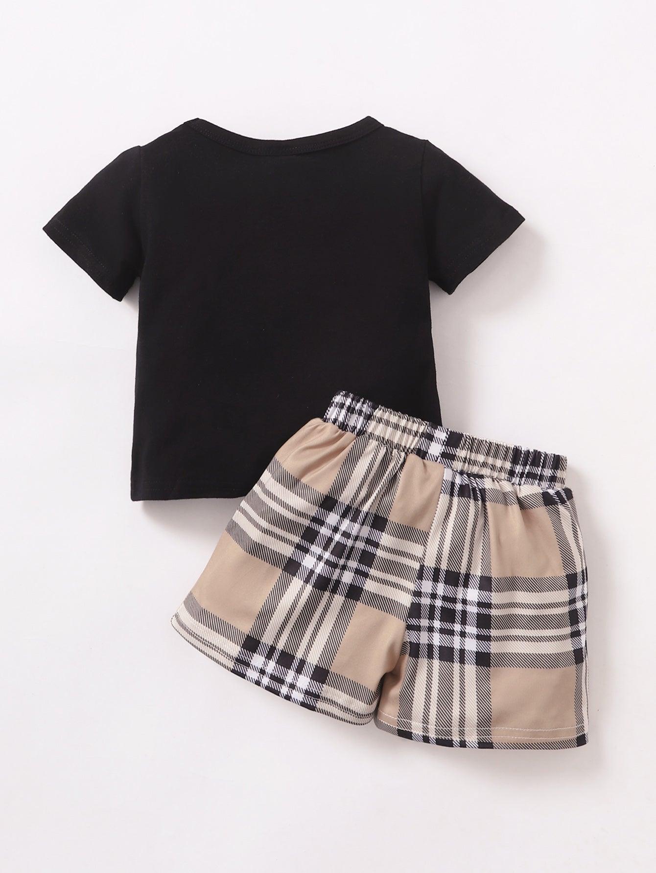 Baby Girl Letter Print T-Shirt And Plaid Shorts Baby Boy Clothing Sets