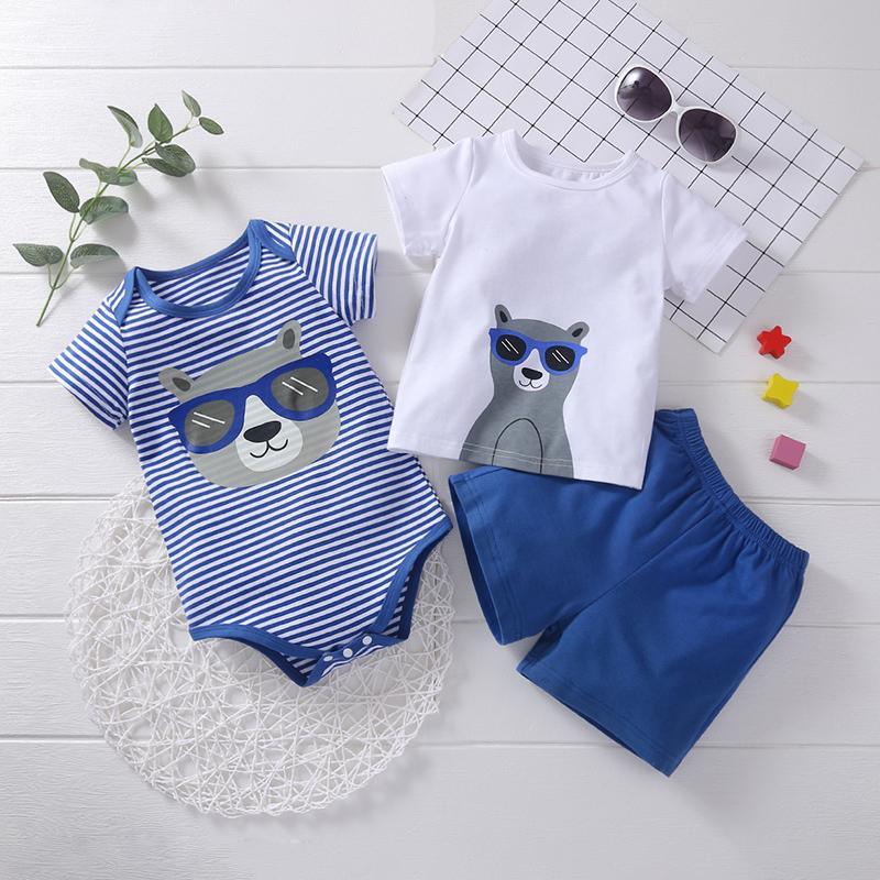 Baby Boy Striped Romper & Bear Pattern T-shirt & Shorts