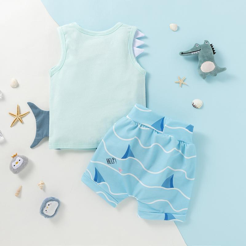 Baby Boy Cartoon Shark Pattern Sleeveless Top & Striped Shorts