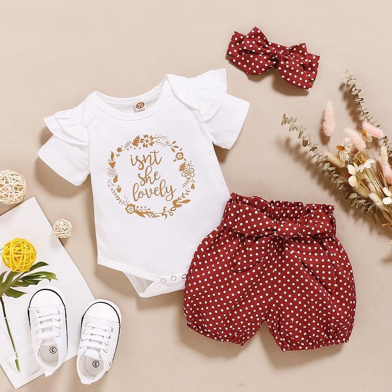 Baby Girl Letter Print Romper & Polka Dot Shorts & Bowknot Headband