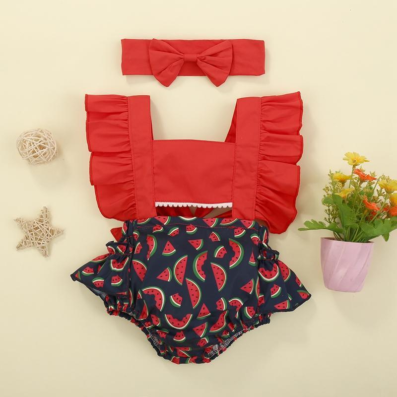 Baby Girl Watermelon Print Ruffle Trim Bodysuit & Headband