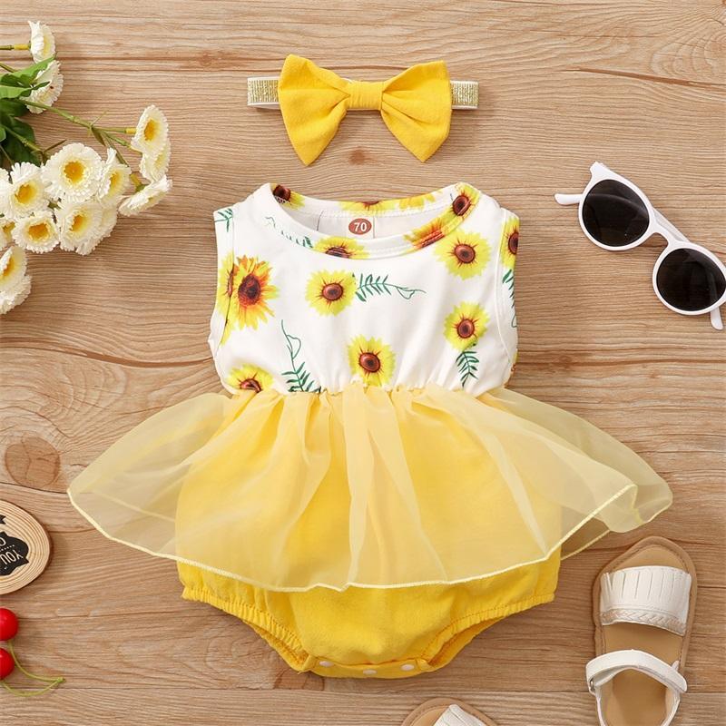 Baby Girl Sunflower Print Sleeveless Mesh Hem Bodysuit & Headwear