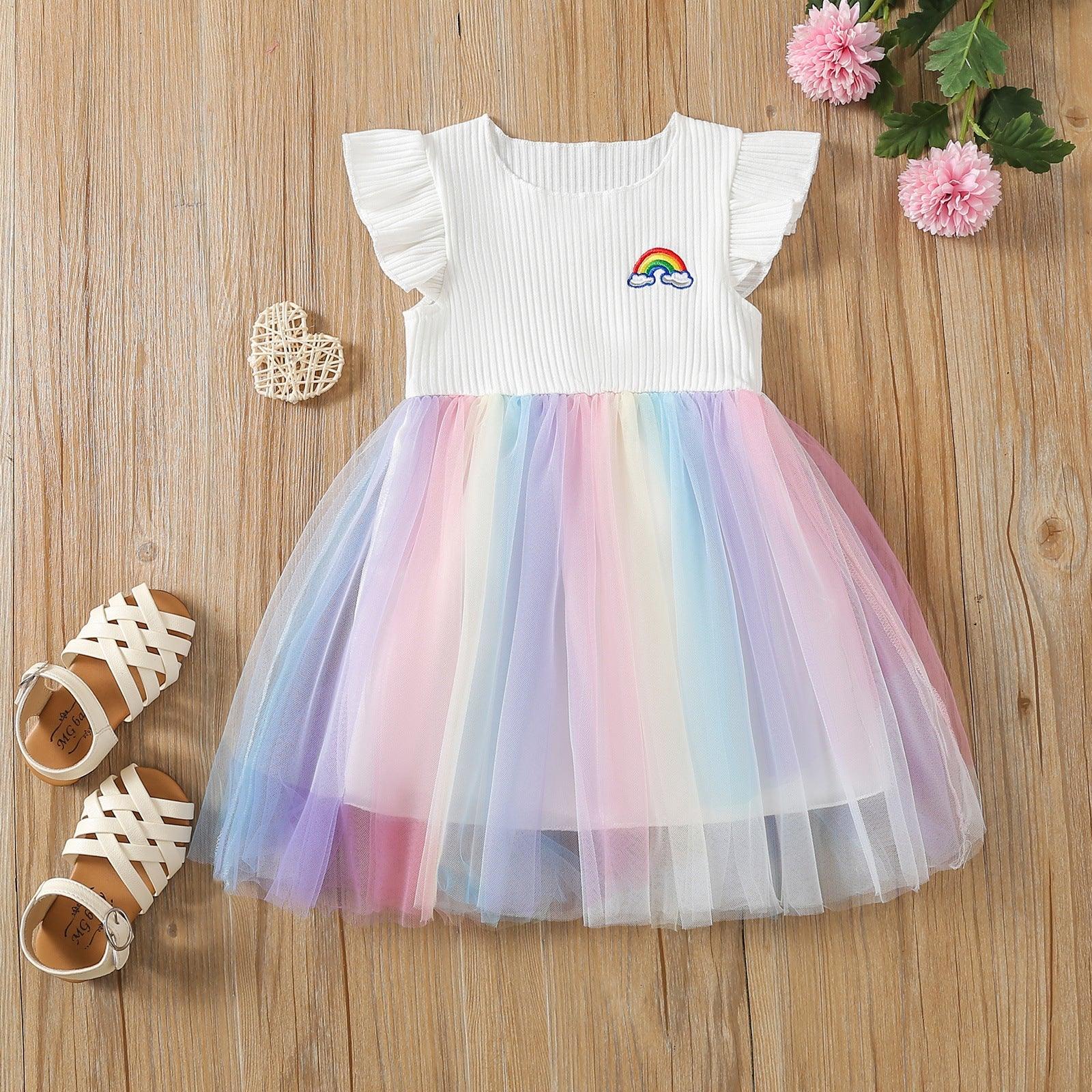 9M-4Y Rainbow Patchwork Mesh Flying Sleeve Pit Dress Wholesale Baby Clothes