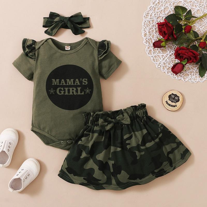 Baby Girl Ruffle Romper & Camouflage Print Skirt & Bowknot Headband