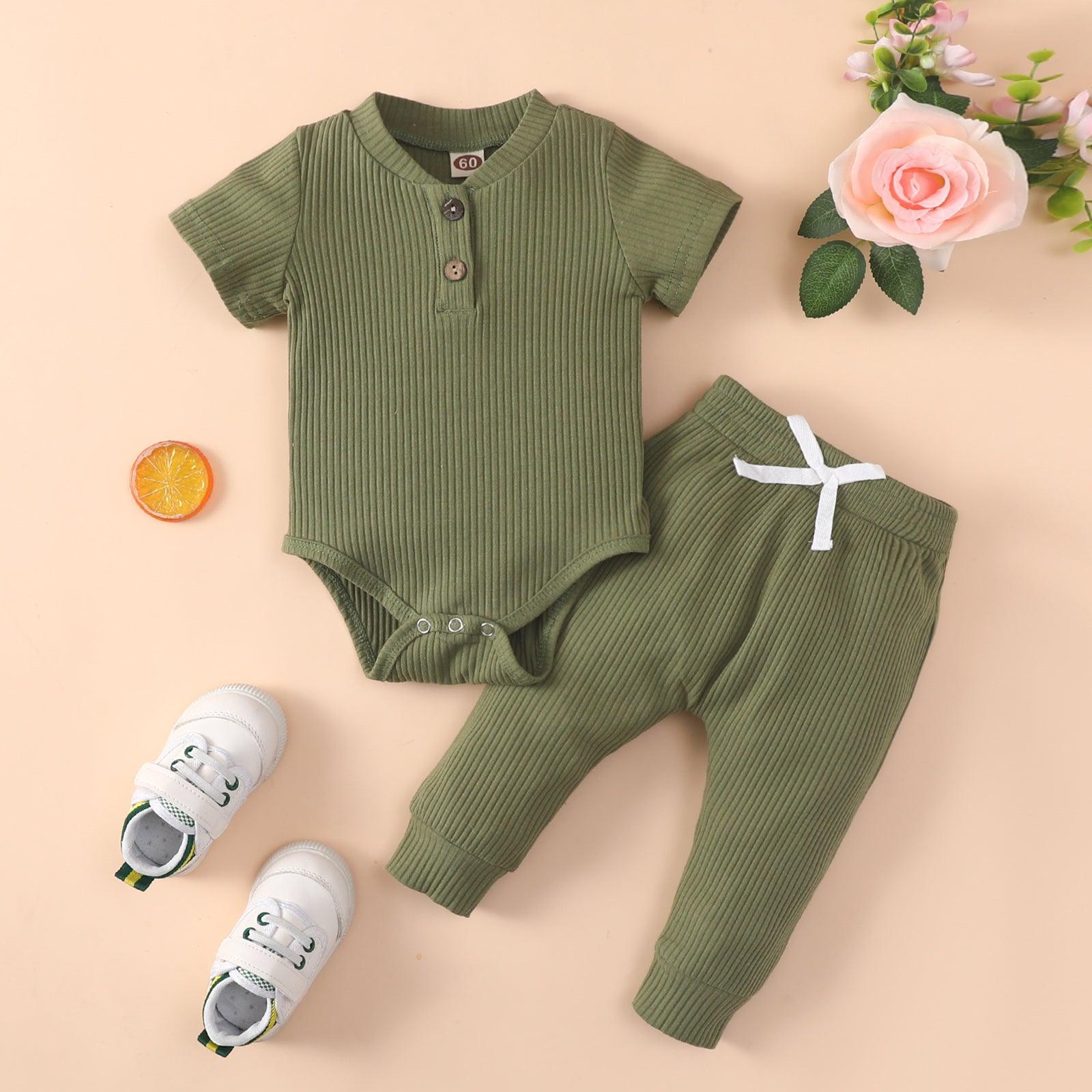 Baby Boy Short-Sleeve Solid Ribbed Bodysuit And Trousers Baby Outfit Sets