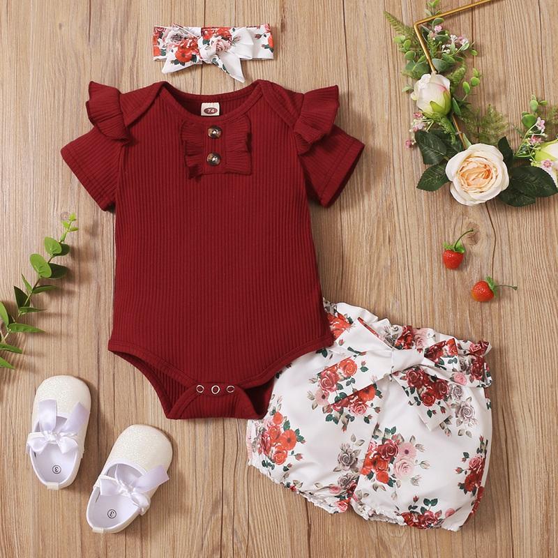 Baby Girl Ruffle Romper & Floral Shorts & Floral Headband