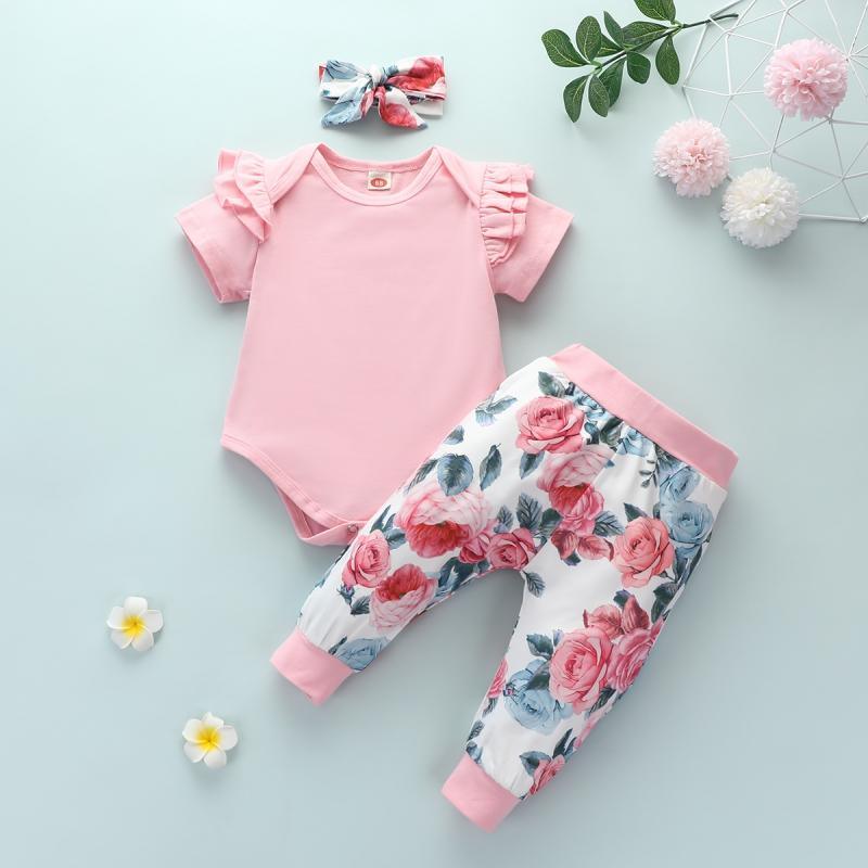 3-piece Ruffle Romper & Floral Pants & Headband for Baby Girl