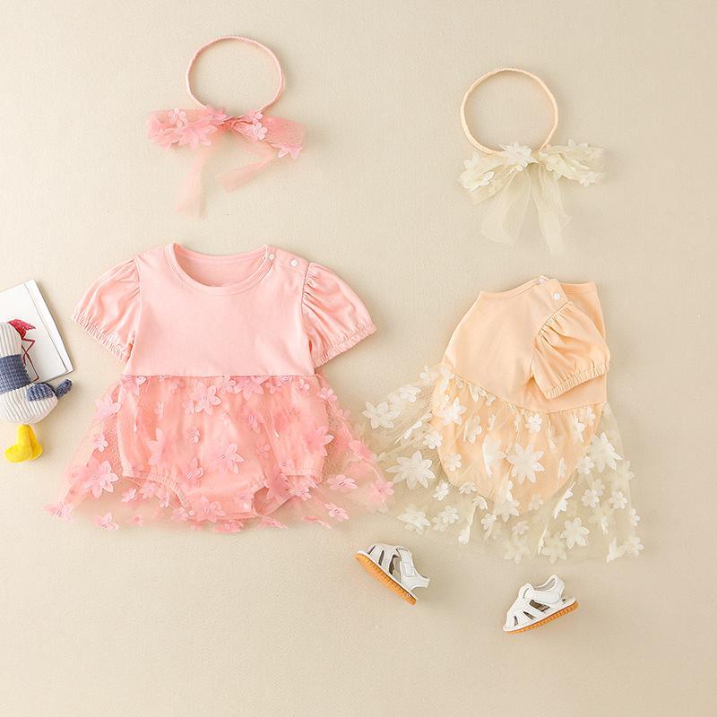 Baby Girl 3D Flower Decor Mesh Hem Bodysuit & Headwear