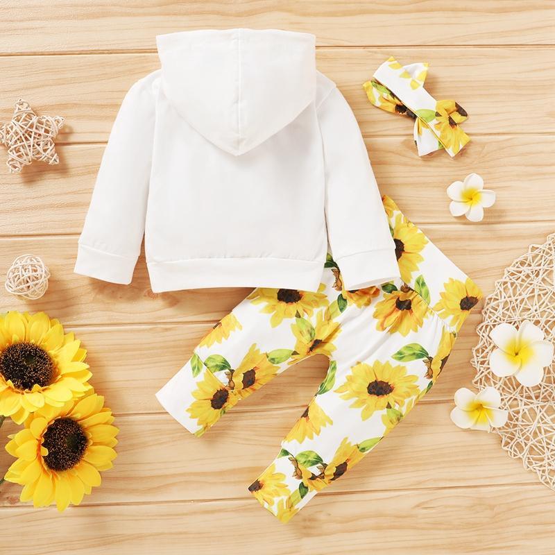 3-piece Sunflower Pattern Hoodie & Pants & Headband for Baby Girl